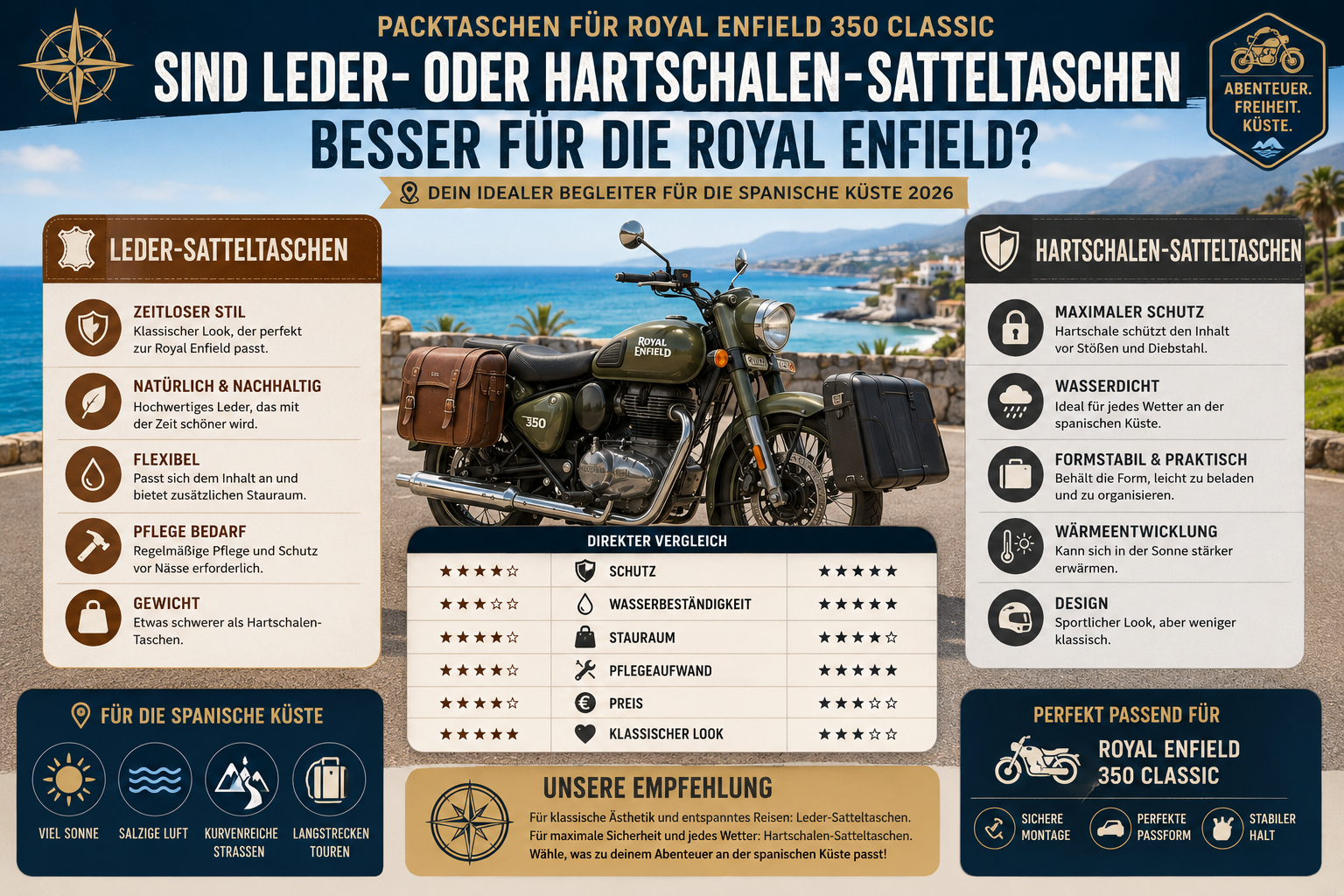 Professional landscape infographic () for article "Packtaschen für Royal Enfield 350 Classic: Dein idealer Begleiter für die