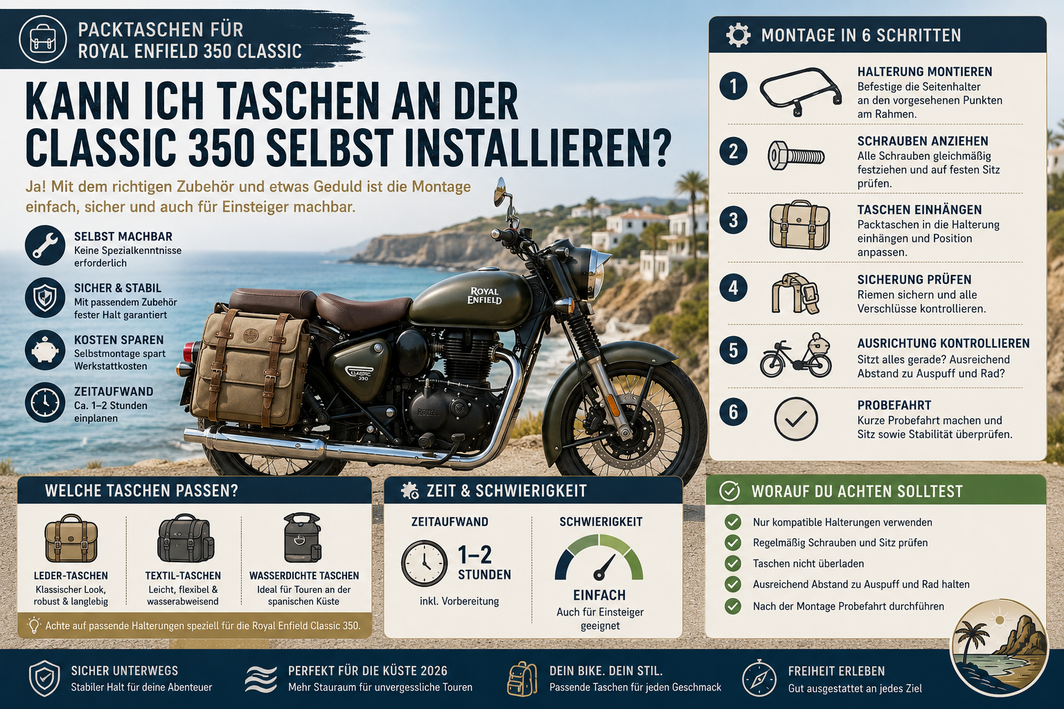 Professional landscape infographic () for article "Packtaschen für Royal Enfield 350 Classic: Dein idealer Begleiter für die