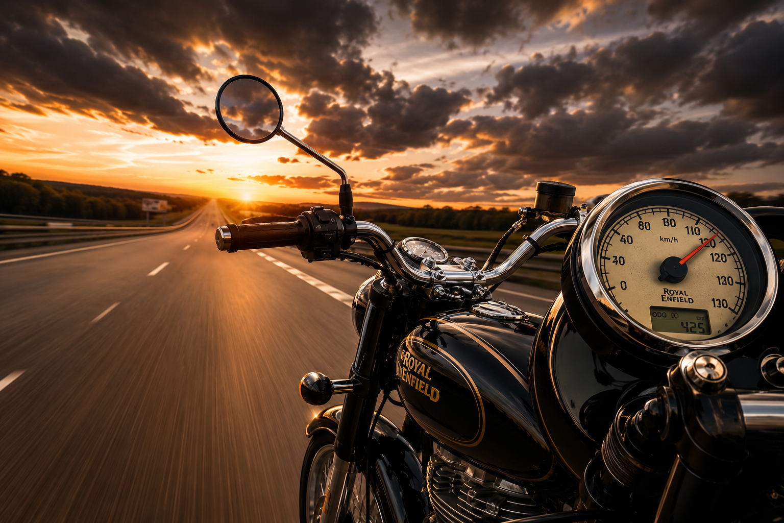 Professionelles Querformat () Heldenbildmotiv zeigt eine glänzende Royal Enfield Classic 350 in Schwarz auf einer leeren