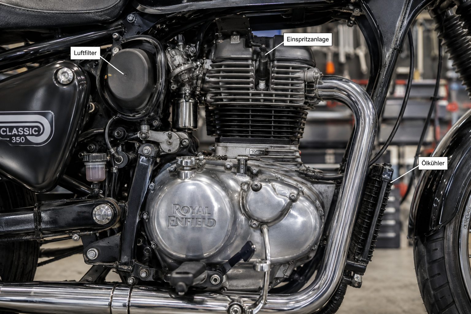 Technisches Querformat () Detailaufnahme des 349 ccm Einzylinder-Motors der Royal Enfield Classic 350, saubere Seitenansicht