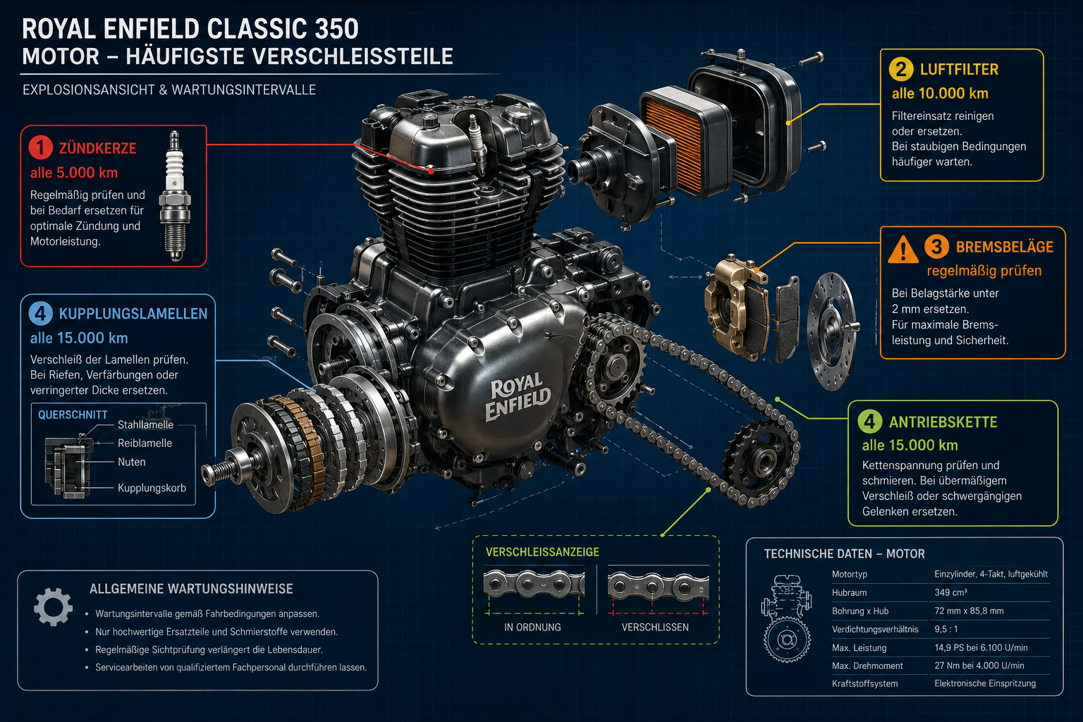 Hochauflösendes Querformat () Diagramm zeigt häufigste Verschleißteile an Royal Enfield Classic 350 Motor in