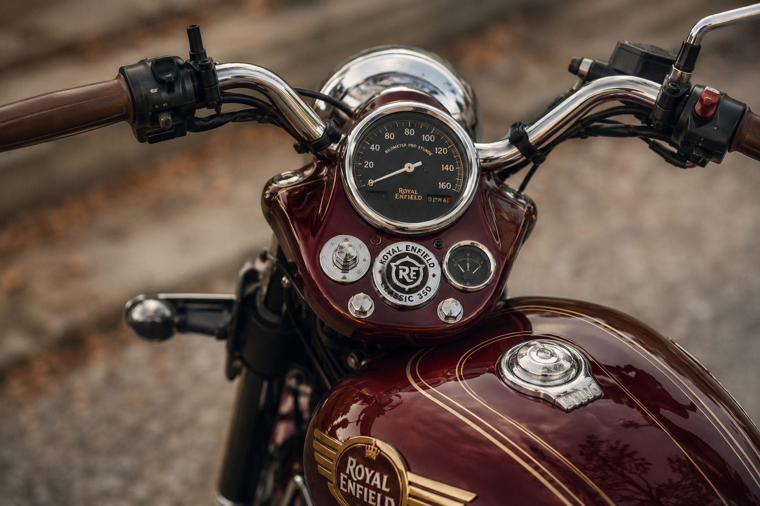 () close-up editorial photograph of Royal Enfield Classic 350 instrument cluster and fuel tank, vintage analog speedometer