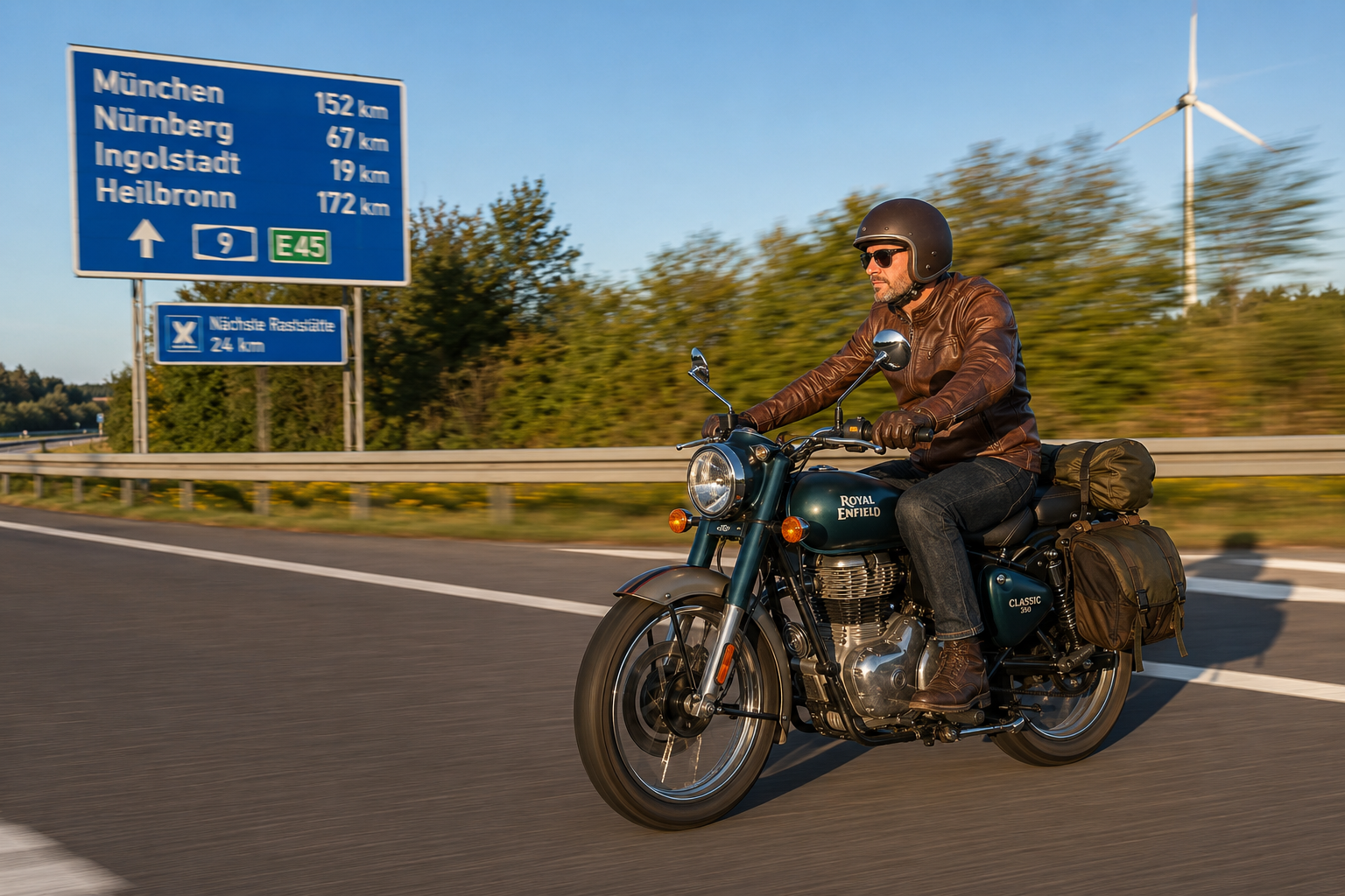 () dynamic action photograph of Royal Enfield Classic 350 being ridden on German Autobahn, rider in vintage brown leather