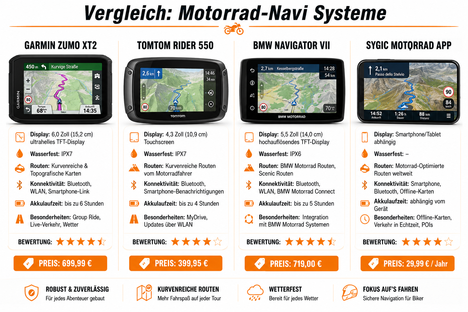 () split-screen comparison graphic showing four motorcycle GPS devices side by side — Garmin Zumo XT2, TomTom Rider 550, BMW