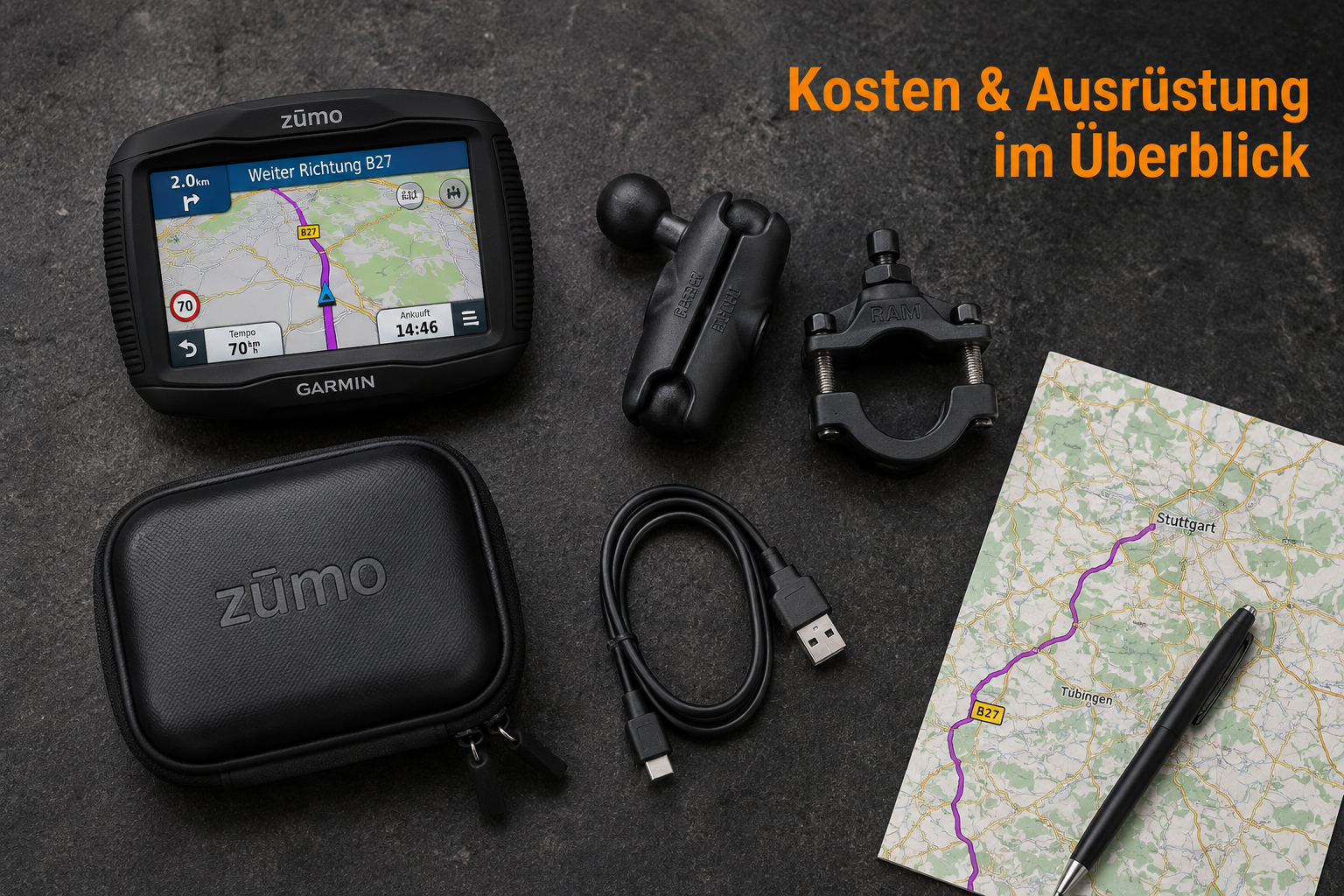 () overhead flat-lay photography of a motorcycle navigation setup: Garmin Zumo device, RAM mount hardware, waterproof case,