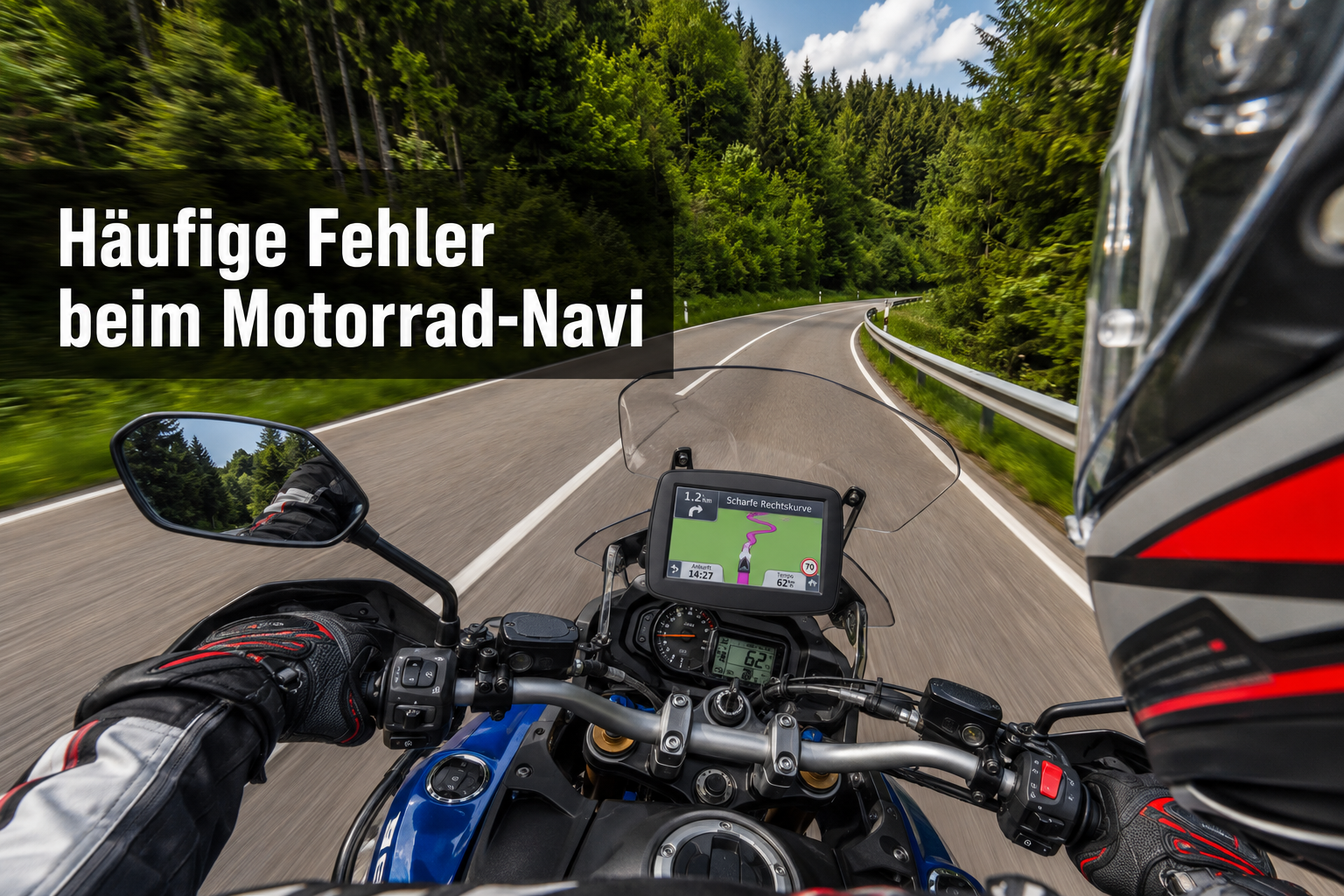 () action shot of a motorcyclist on a sport-touring bike navigating a winding Black Forest road, helmet-mounted camera