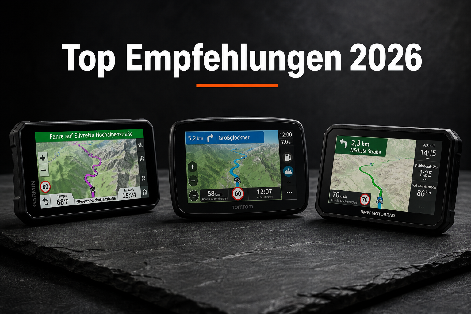 () studio-style product hero shot of the top three recommended motorcycle navigation devices for 2026 arranged on a dark
