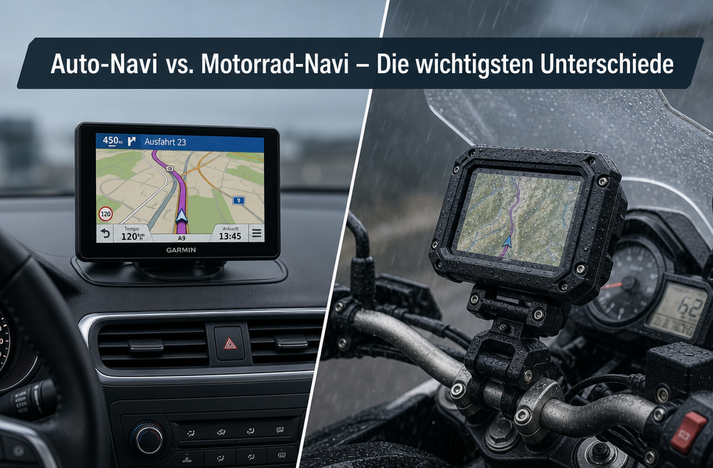 () split-scene comparison image showing a car GPS device on the left versus a rugged motorcycle-specific GPS on the right,