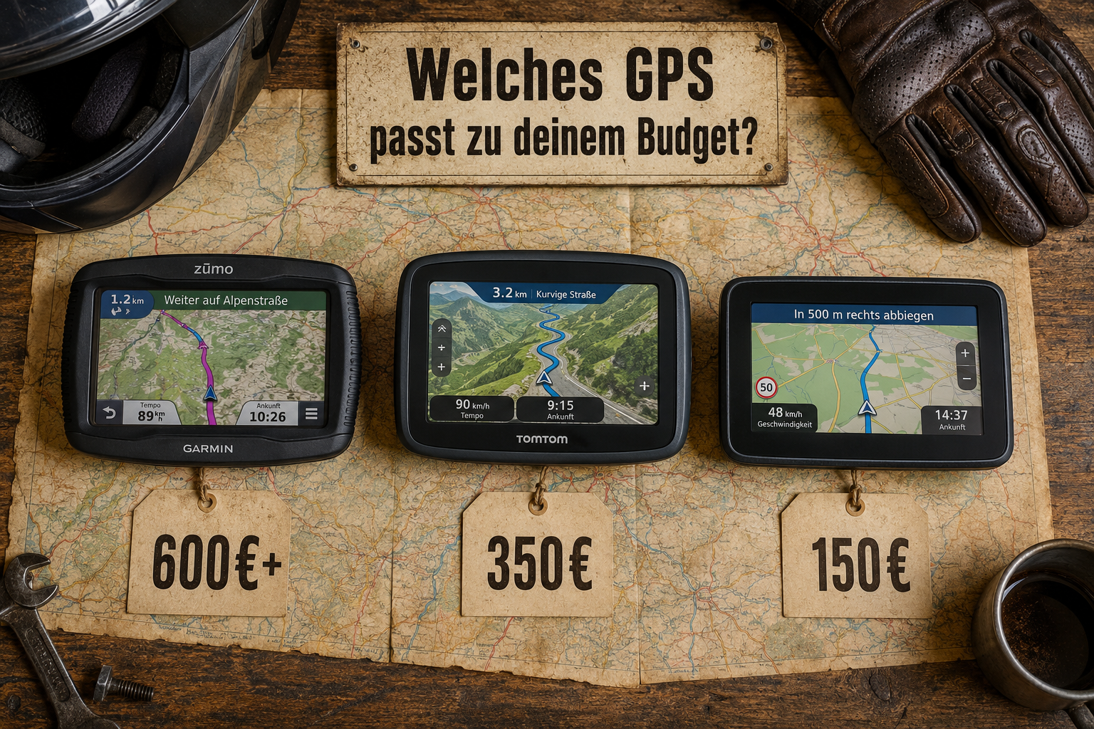 () product flat-lay image showing three motorcycle GPS devices side by side on a weathered map spread across a wooden