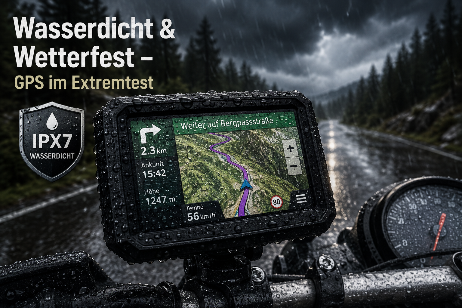 () dramatic outdoor action scene showing a motorcycle GPS unit mounted on handlebars during heavy rain, water droplets