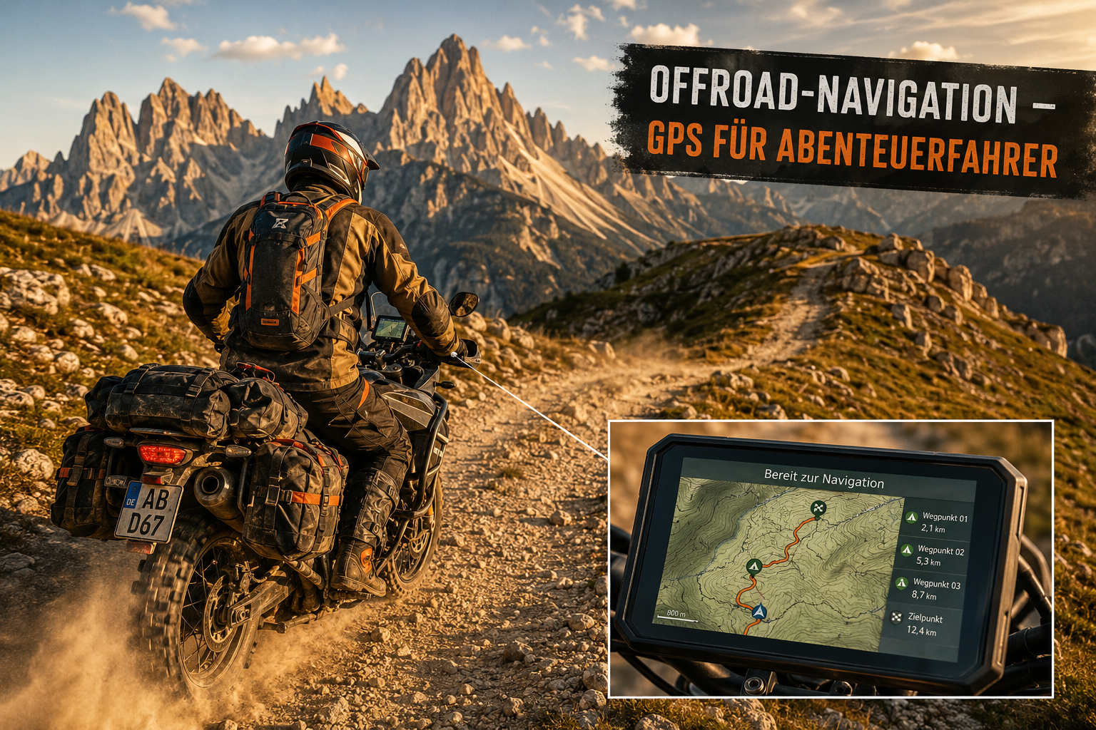 () adventure motorcycle scene on a dirt trail in mountainous terrain, rider in full off-road gear visible from behind, GPS