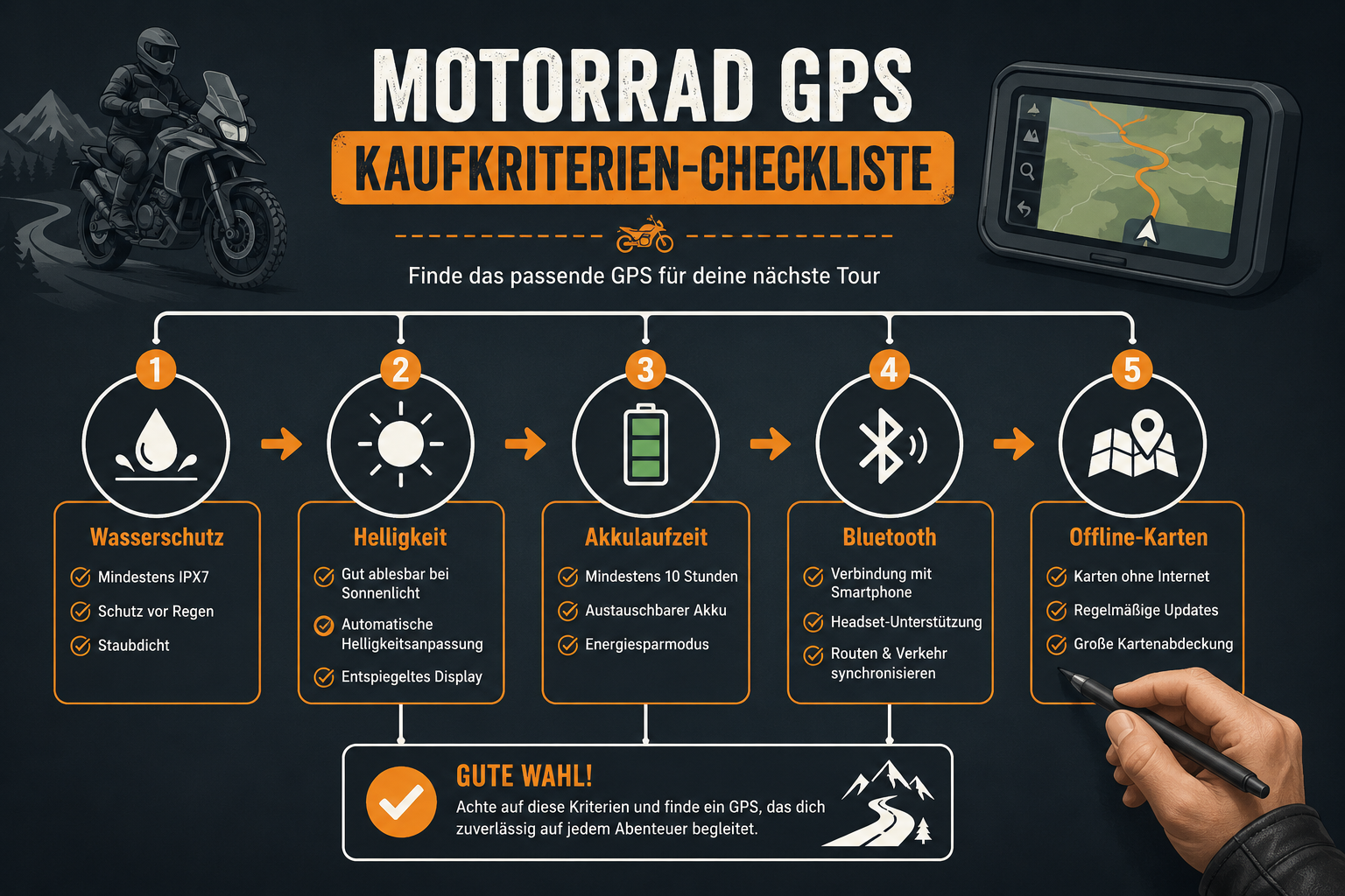 () infographic-style image showing a checklist of motorcycle GPS buying criteria arranged as a visual flowchart on a dark