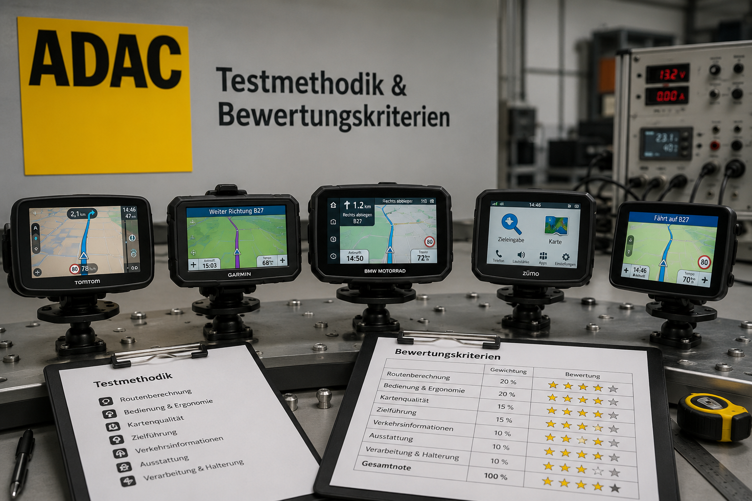 () editorial image showing the ADAC logo alongside multiple motorcycle GPS devices arranged on a test bench, German label