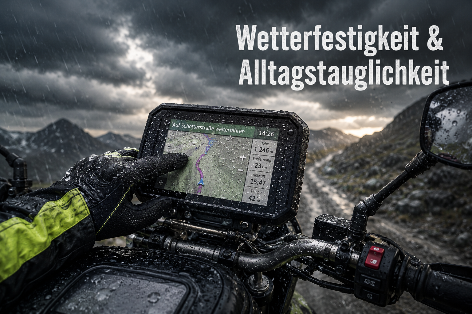 () close-up of a gloved rider's hand operating a waterproof motorcycle GPS mounted on handlebars in heavy rain, water