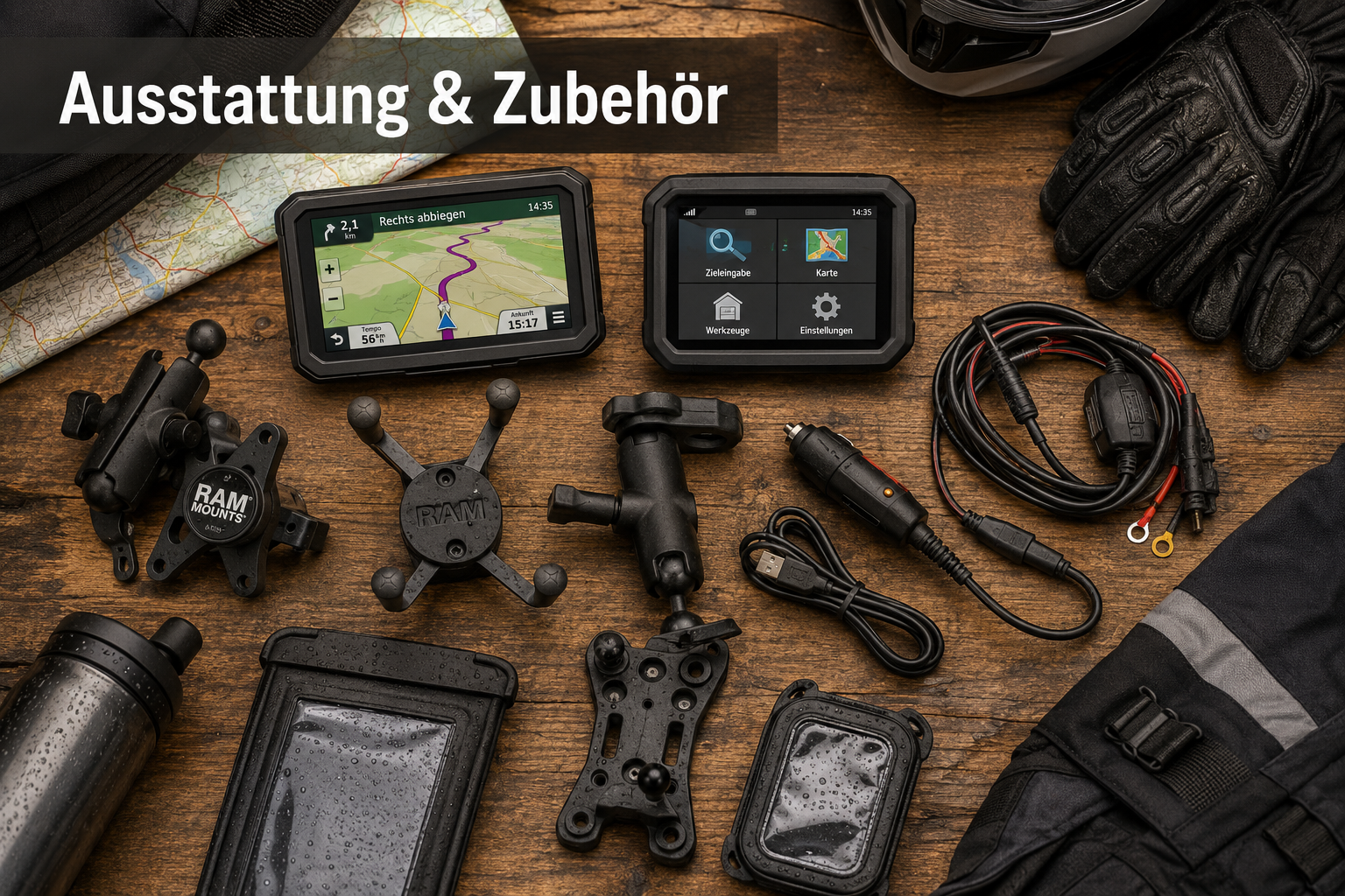 () overhead flat-lay of motorcycle navigation accessories including GPS devices, RAM mounts, power cables, waterproof cases,
