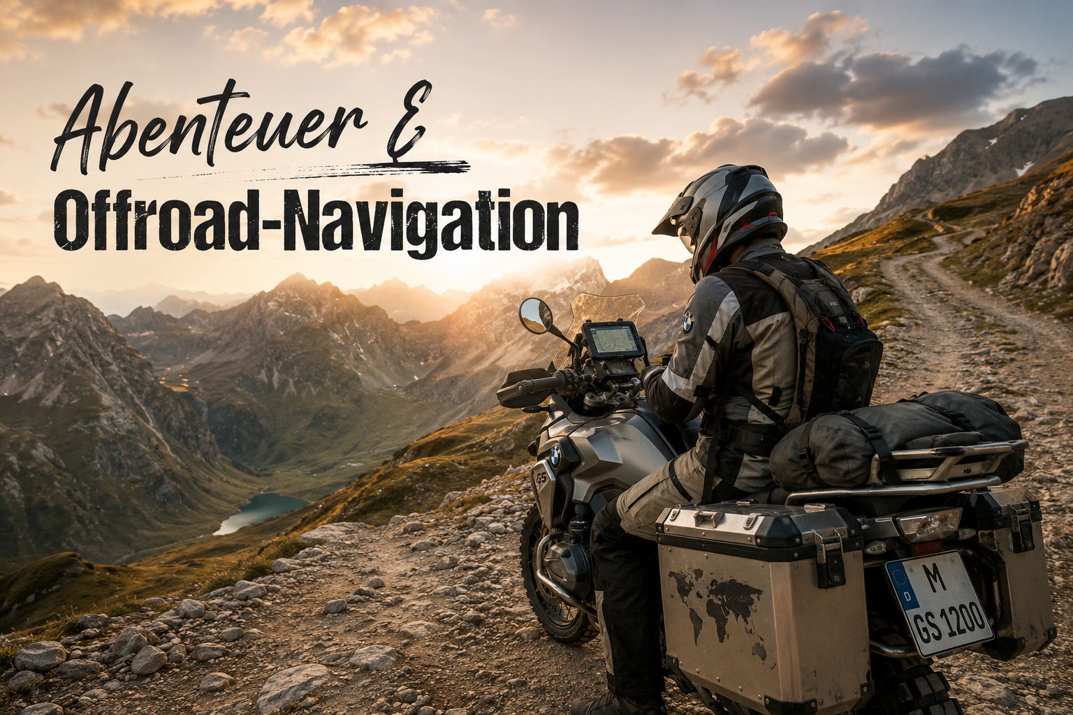() wide-angle shot of an adventure motorcycle (BMW GS style) parked on a gravel mountain trail, rider in full gear studying