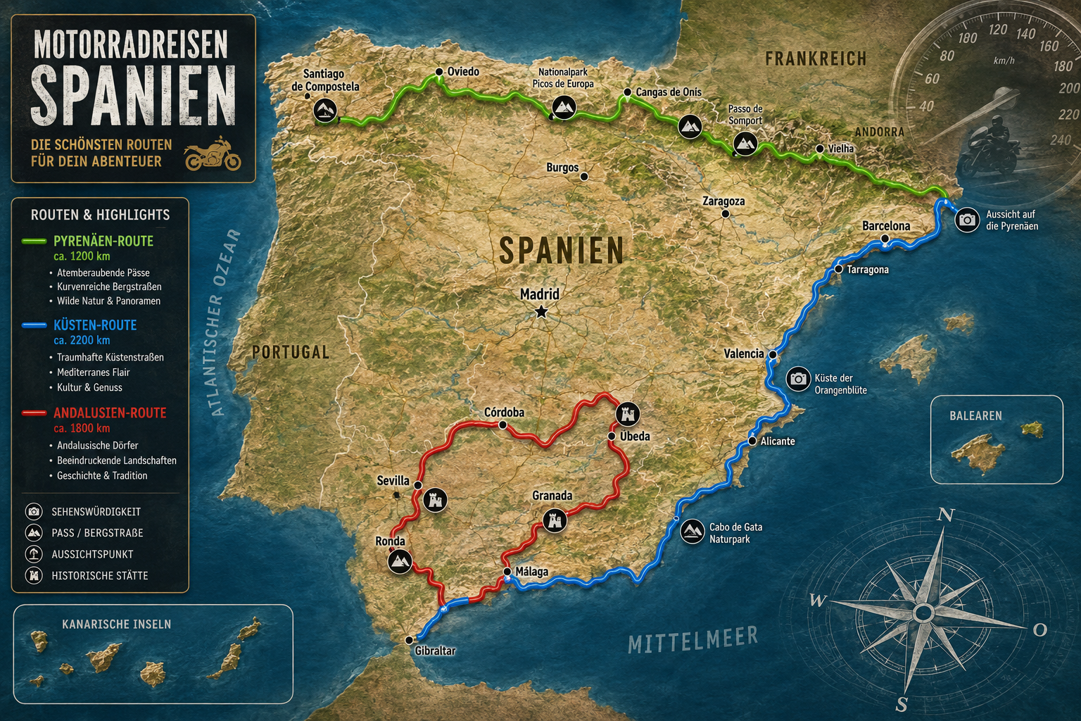 Detailed () image showing a top-down view of a detailed map of Spain, highlighting several distinct motorcycle routes in