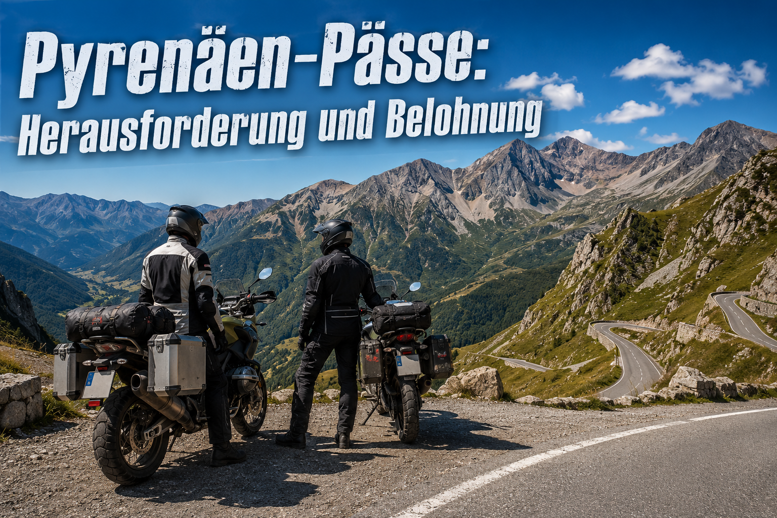 Detailed () image depicting two motorcyclists in full gear, standing next to their bikes, looking at a mountain panorama in