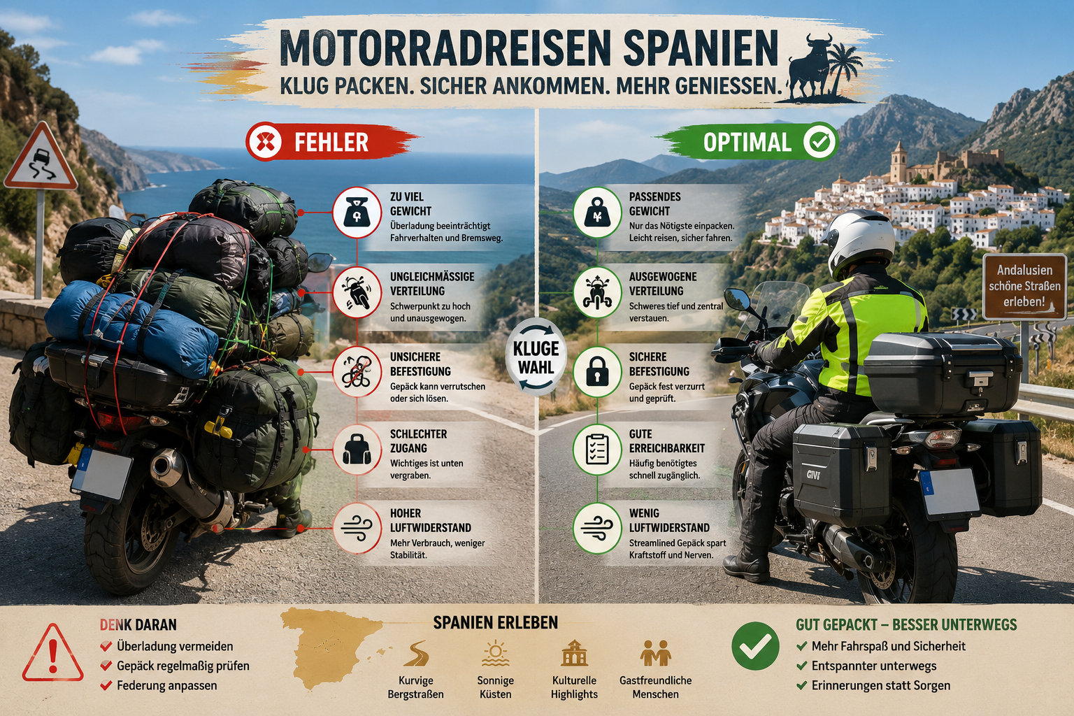 Detailed () image illustrating common packing mistakes for a motorcycle trip: one side shows an overloaded motorcycle with