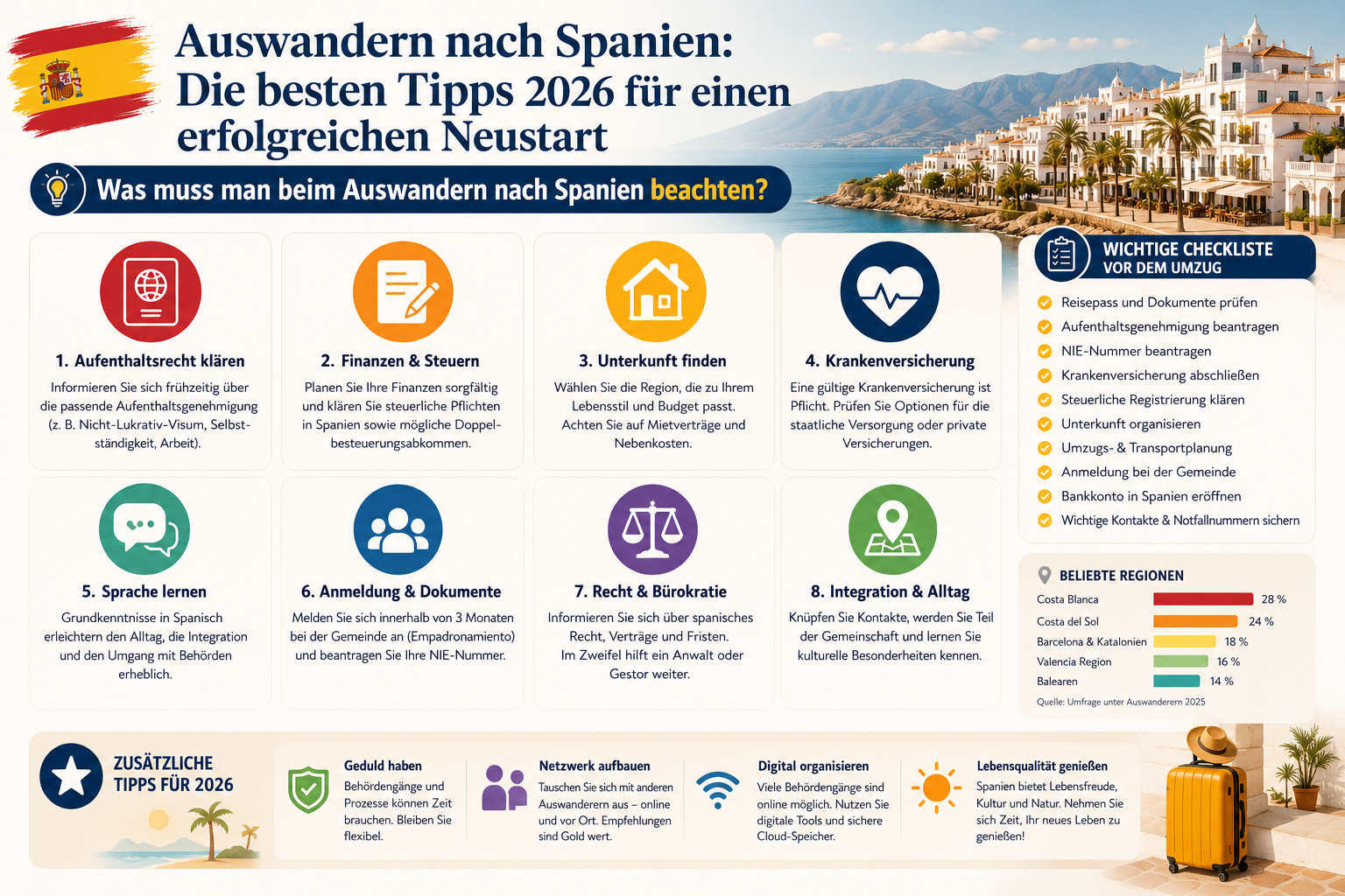 Professional infographic for article "Auswandern nach Spanien: Die besten Tipps 2026 für einen erfolgreichen Neustart",