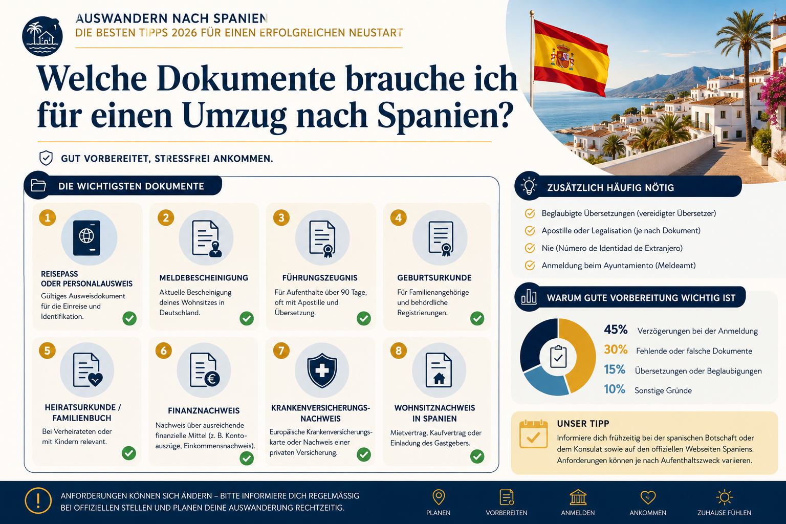 Professional infographic for article "Auswandern nach Spanien: Die besten Tipps 2026 für einen erfolgreichen Neustart",