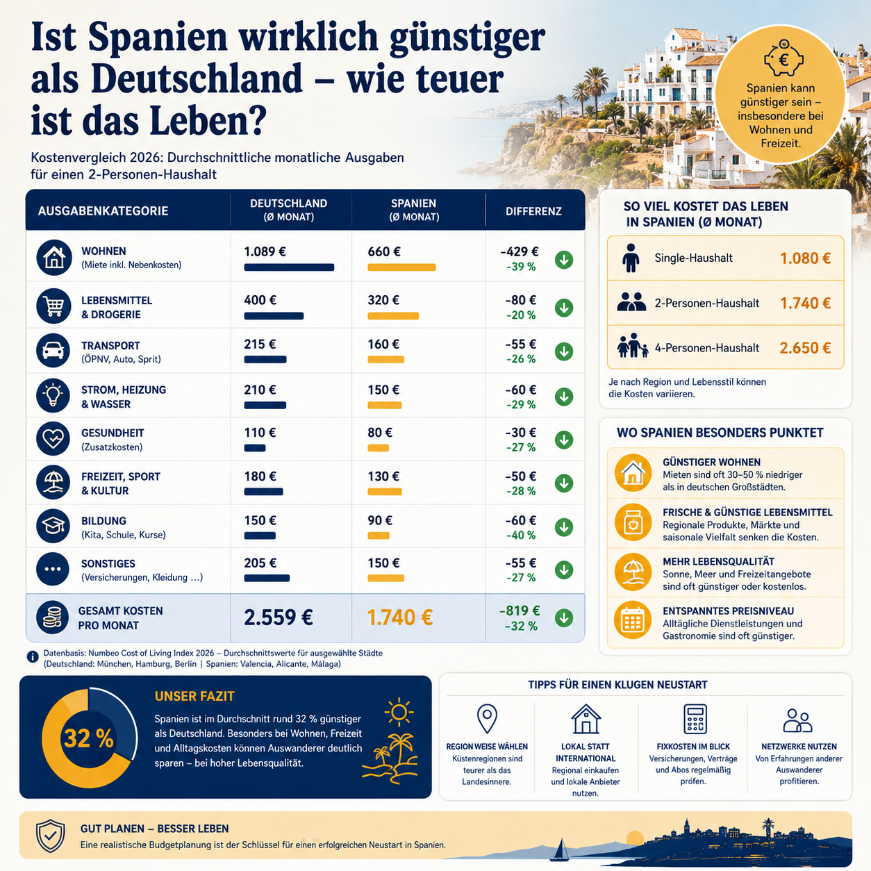 Professional infographic for article "Auswandern nach Spanien: Die besten Tipps 2026 für einen erfolgreichen Neustart",