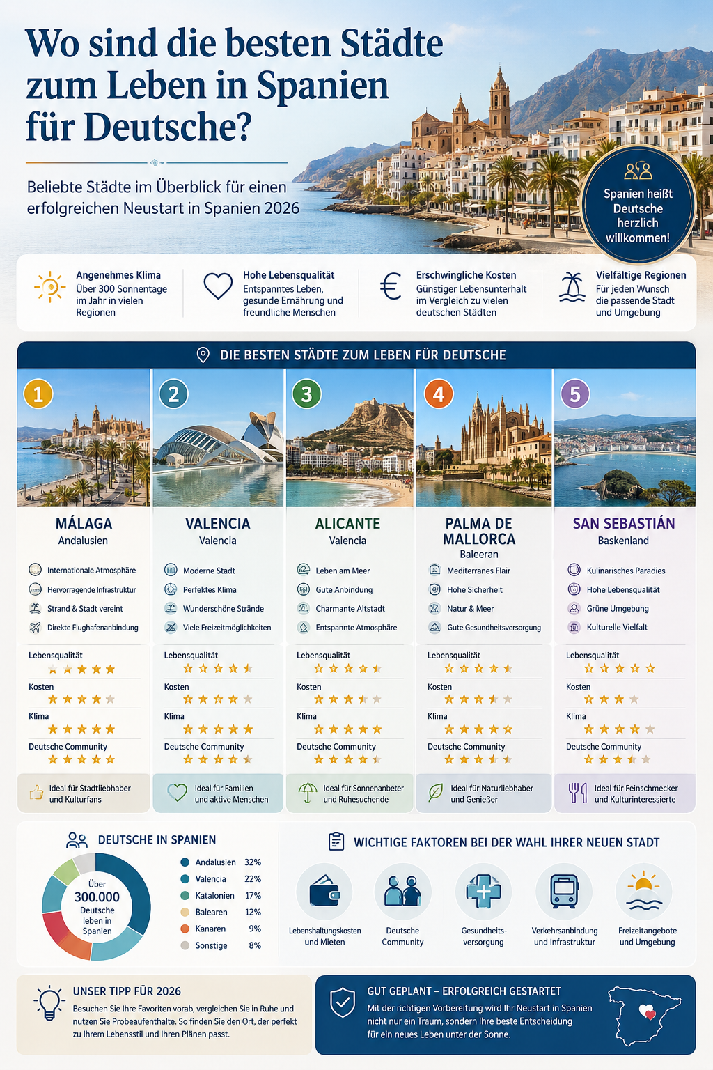 Professional infographic for article "Auswandern nach Spanien: Die besten Tipps 2026 für einen erfolgreichen Neustart",