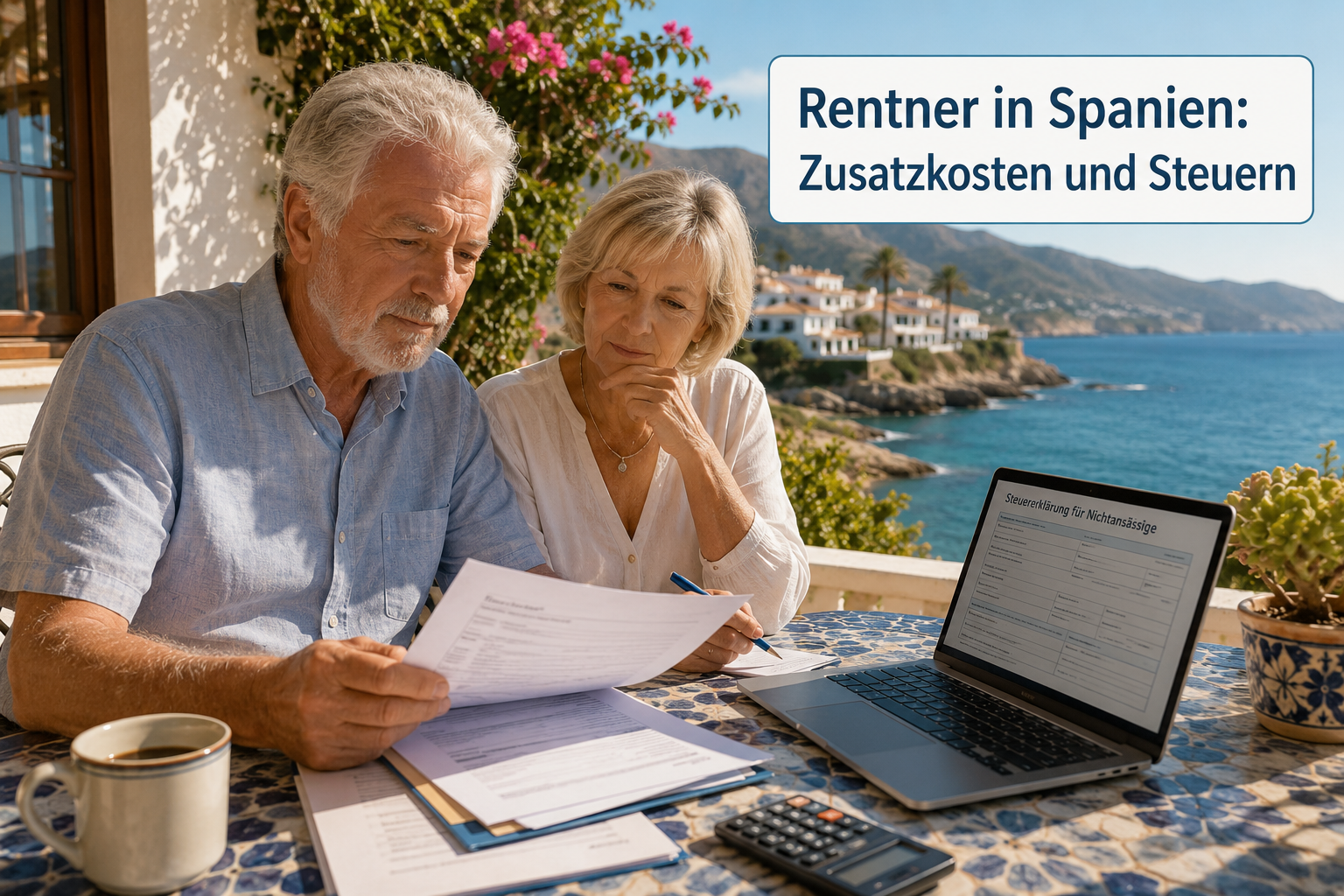 Querformat () Konzeptbild: Ein deutsches Rentnerehepaar sitzt auf einer sonnigen spanischen Terrasse mit Blick aufs Meer,