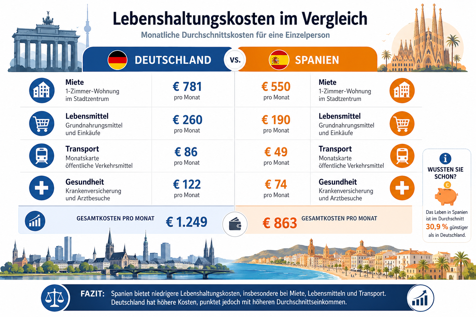 () detailed infographic-style image showing a split comparison table between Germany and Spain monthly living costs in