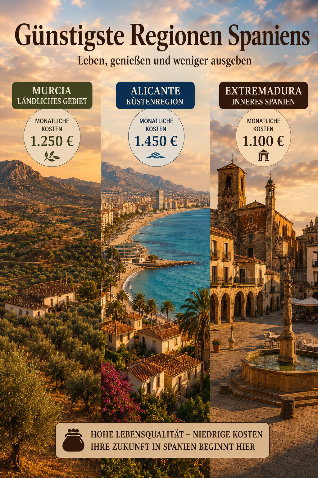 () wide-angle aerial photograph of diverse Spanish regions side by side: Murcia countryside with olive groves, Alicante