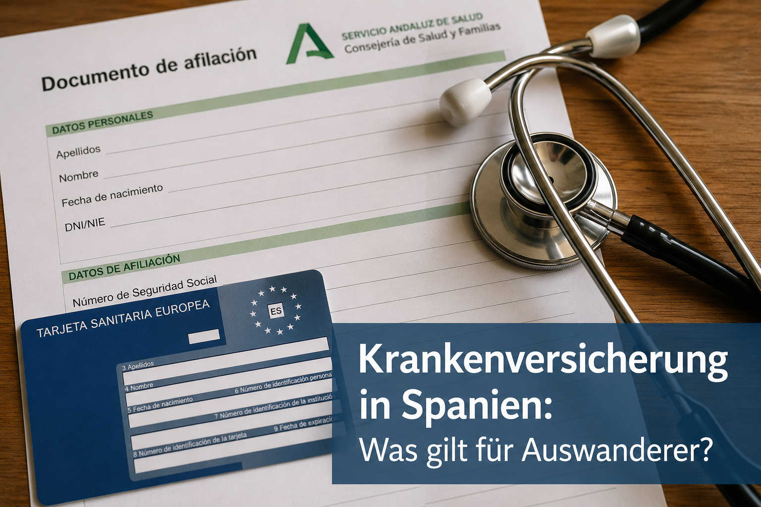 () close-up editorial photograph of a Spanish health insurance document, a European Health Insurance Card (EHIC), and a