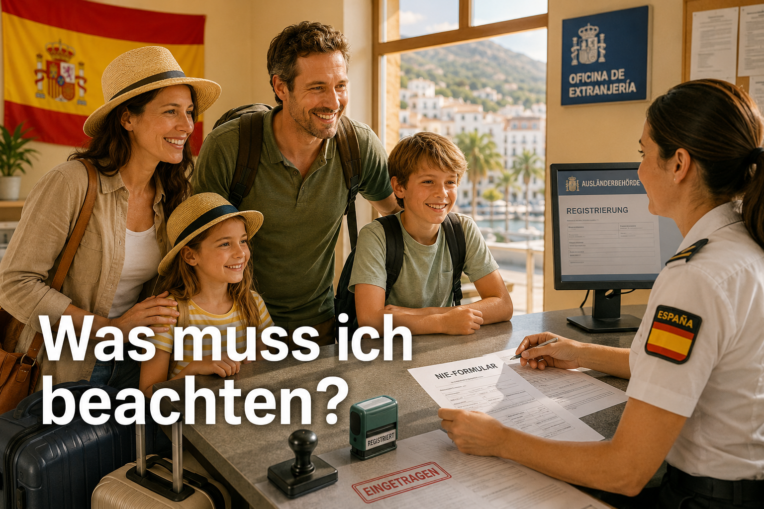 () editorial illustration showing a German family with suitcases standing at a Spanish customs/registration office, Spanish
