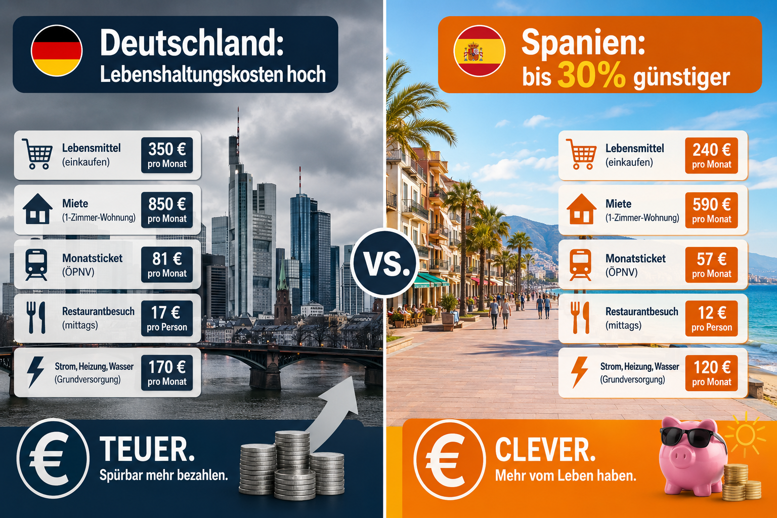 () split-screen comparison infographic showing German city skyline (grey, urban, expensive) on left versus sunny Spanish
