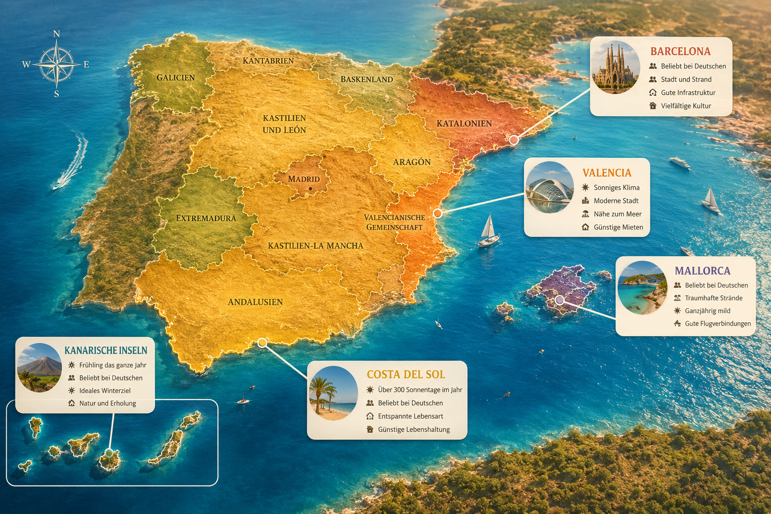 () aerial view of diverse Spanish regions map with highlighted zones: Costa del Sol, Barcelona, Valencia, Mallorca, Canary