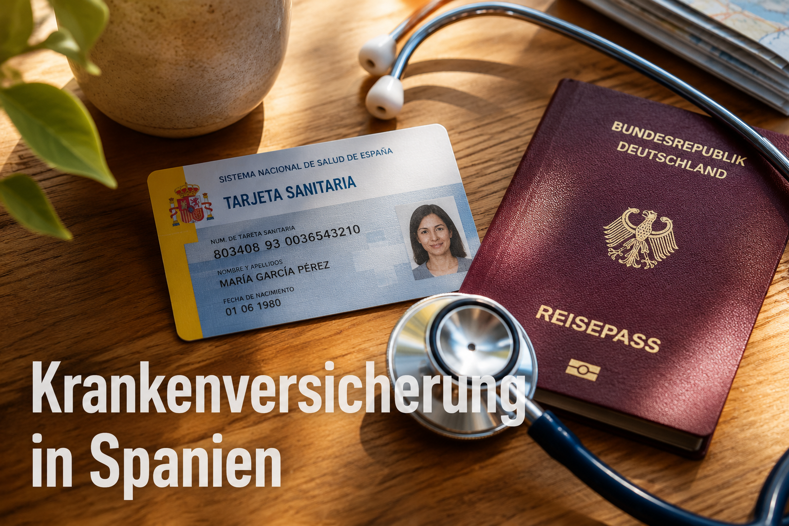 () close-up editorial photo of Spanish healthcare card, Gesundheitskarte, stethoscope, and German passport on a wooden desk
