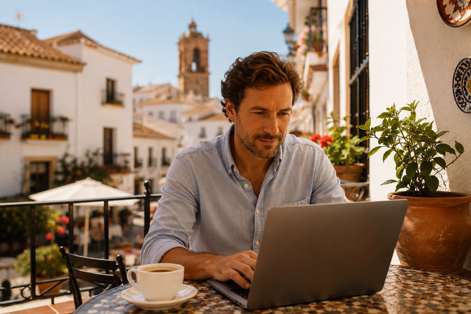() editorial scene of a German professional working on laptop at a sunny Spanish terrace café, Spanish architecture in