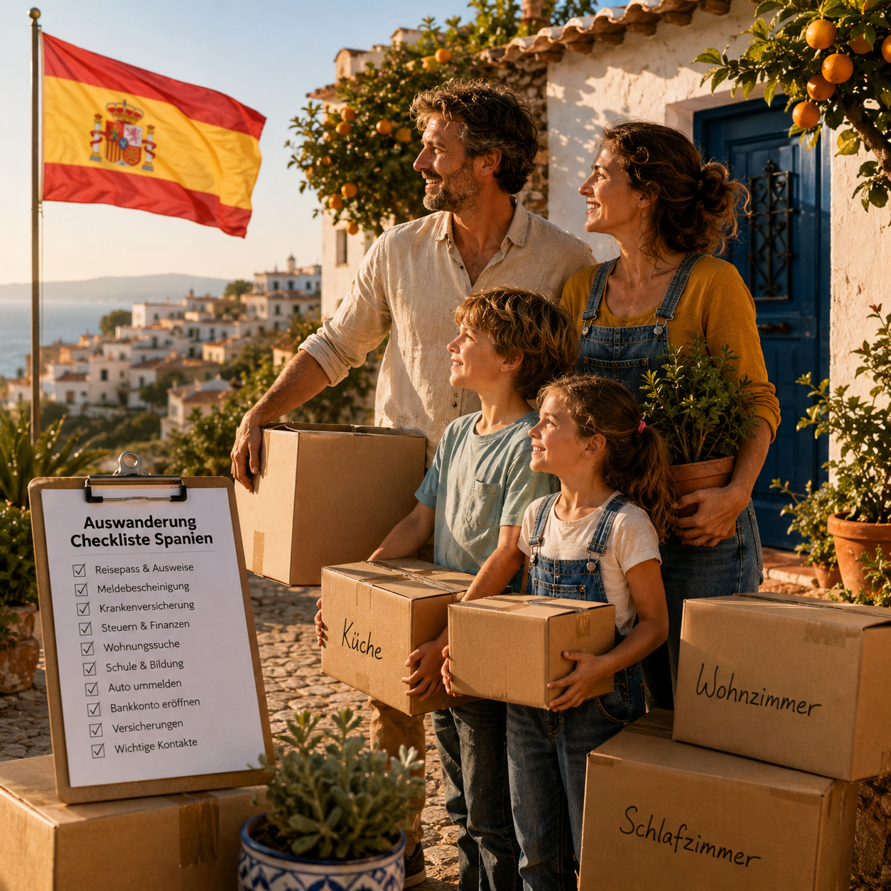 () editorial illustration showing a German family with moving boxes and Spanish flag in background, a checklist document