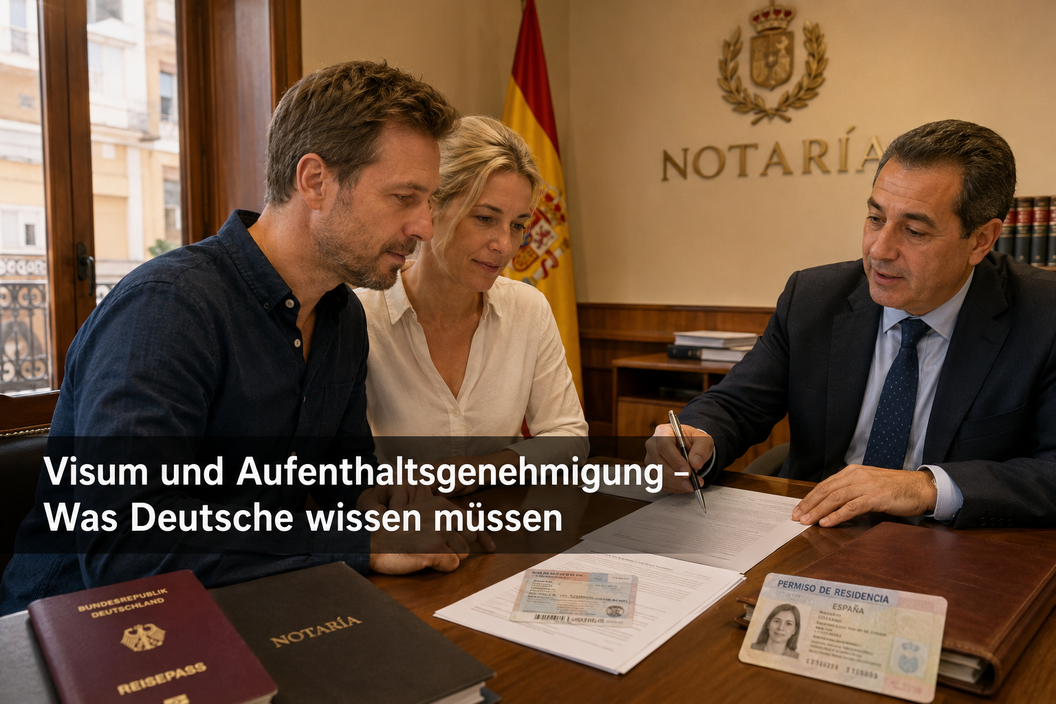 () editorial photo-style image of a German expat couple at a Spanish notary office, reviewing documents with a Spanish