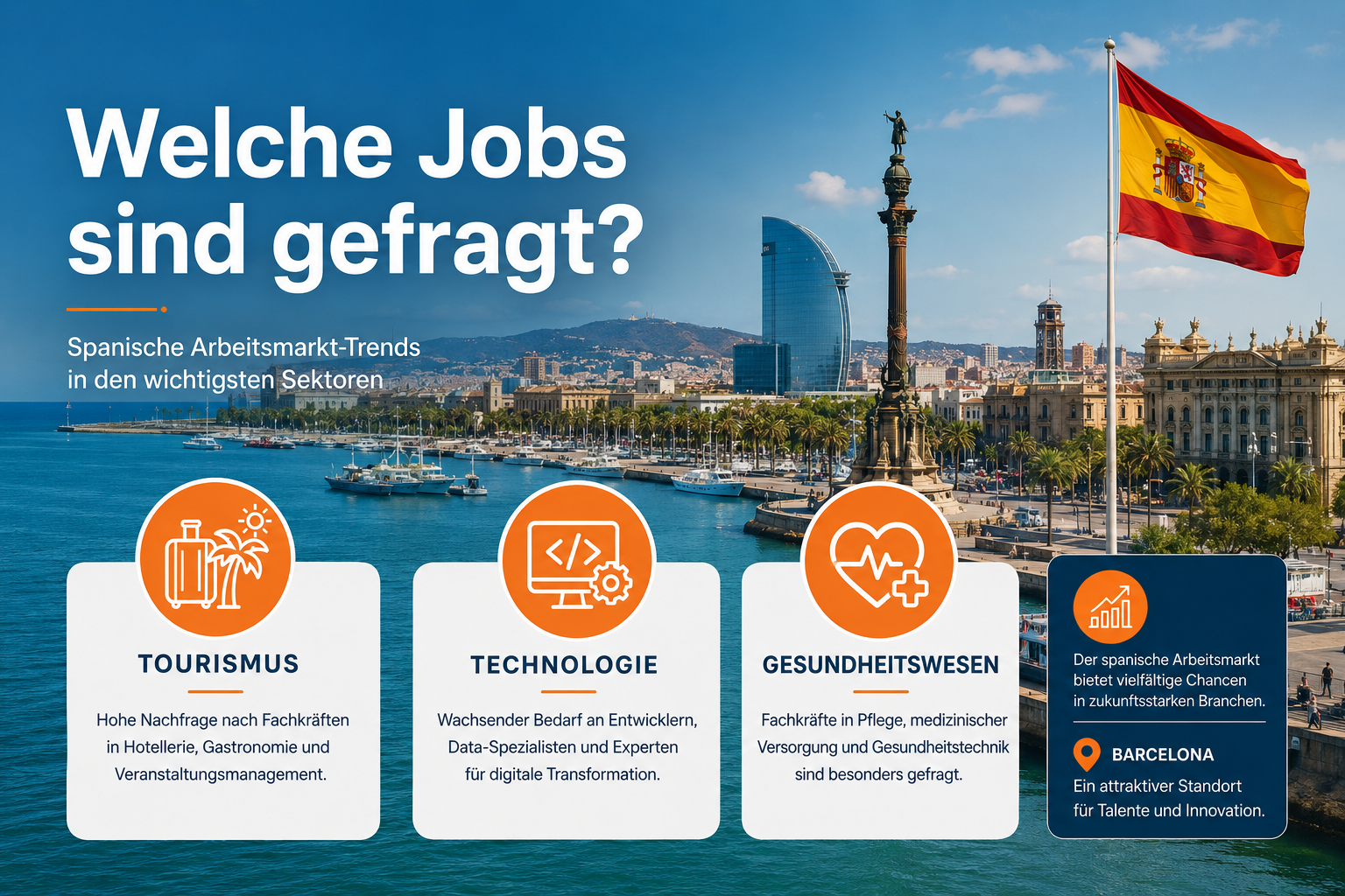() infographic-style editorial image showing Spanish job market sectors — tourism, tech, healthcare icons arranged in a