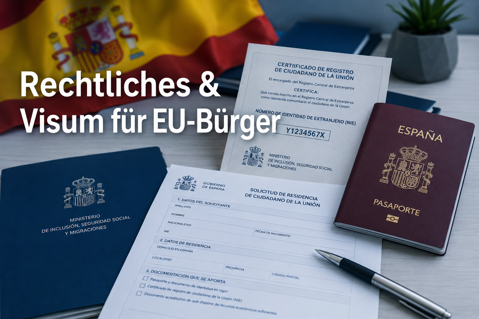 () editorial image of official Spanish bureaucracy documents, NIE certificate, EU passport, residency forms on a clean desk