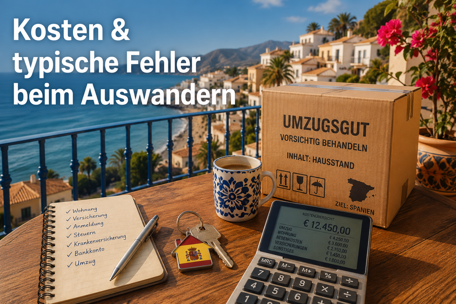 () editorial image showing a moving box with German labels, a Spanish apartment key, and a calculator showing euro amounts
