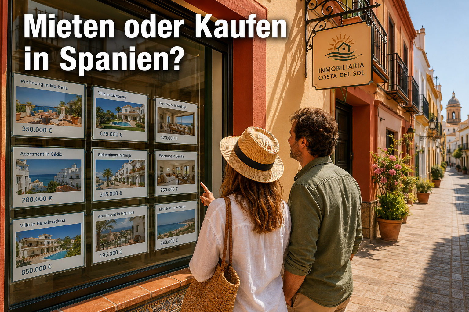 () editorial image showing a Spanish real estate agency window display in a sunny Andalusian street, with property listings