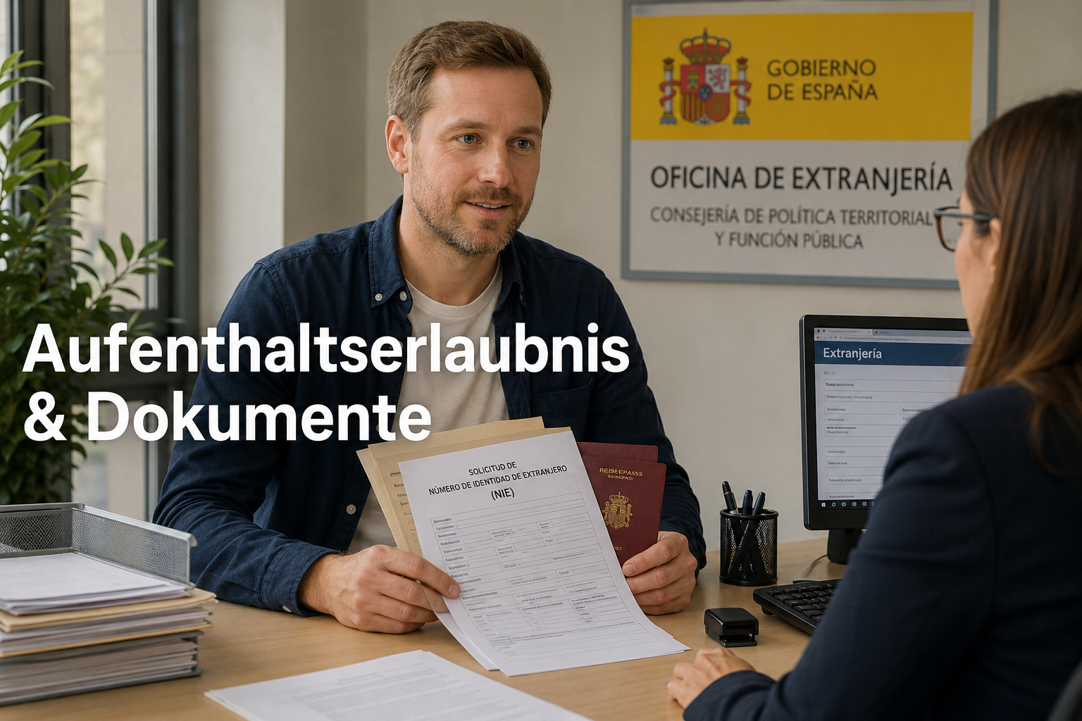 () editorial image showing a German expat at a Spanish government office (oficina de extranjería), holding documents