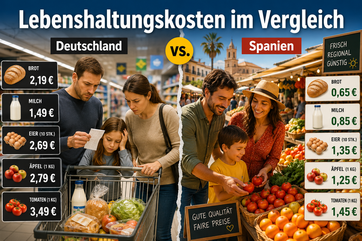 () editorial image showing a sunny Spanish market scene with fresh produce, a family shopping, price tags visible in Euros