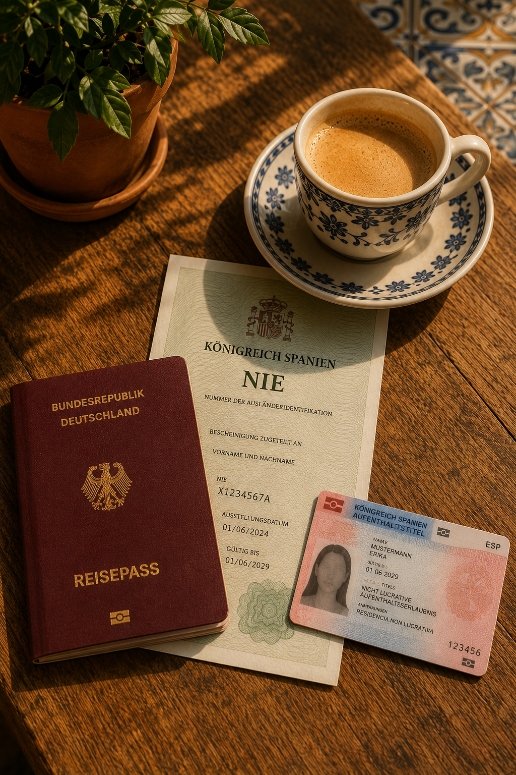 () editorial illustration showing a German passport, NIE certificate document, and Spanish residency card laid out on a