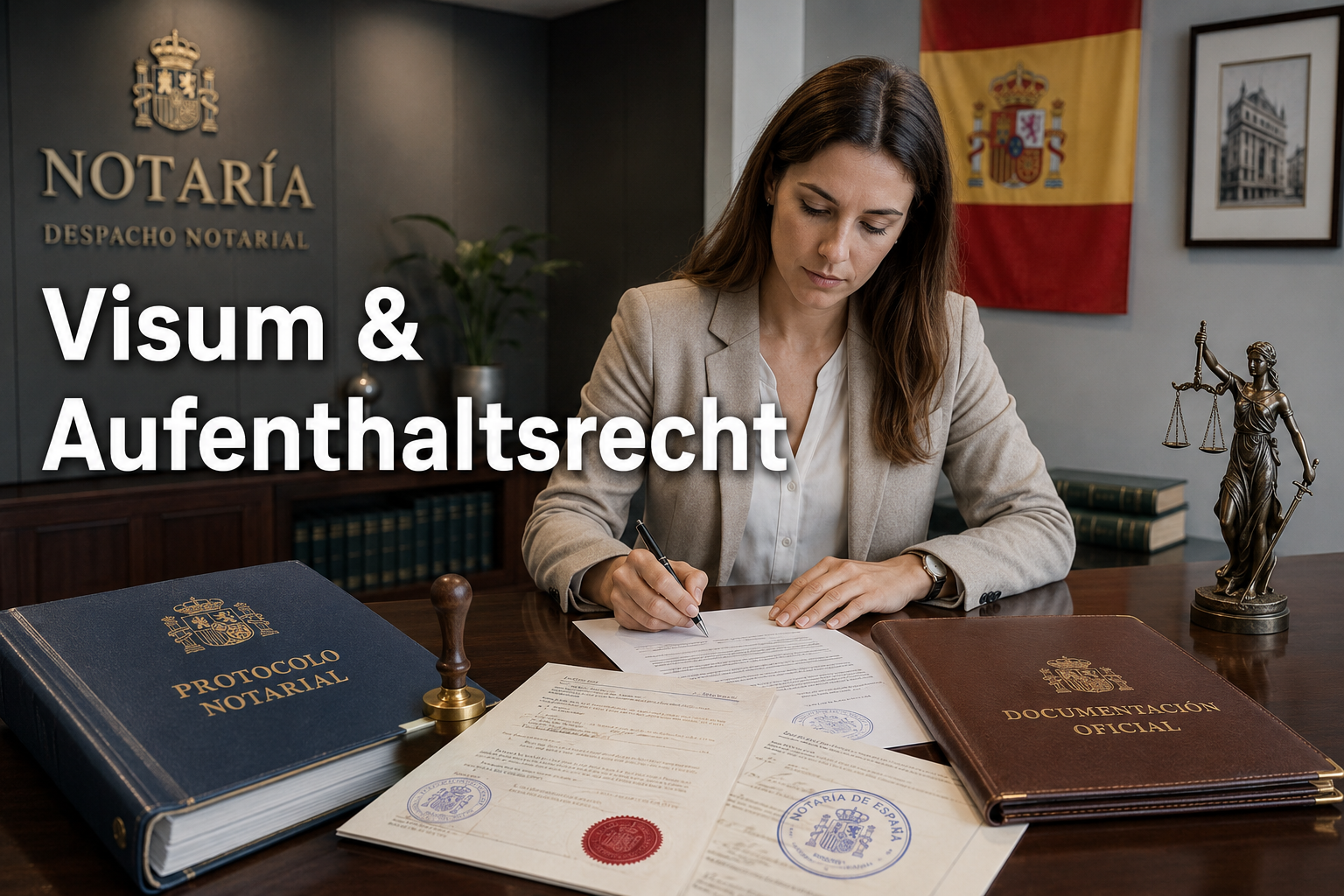 () showing a Spanish notary office interior with official stamped documents, a person signing paperwork at a desk, Spanish