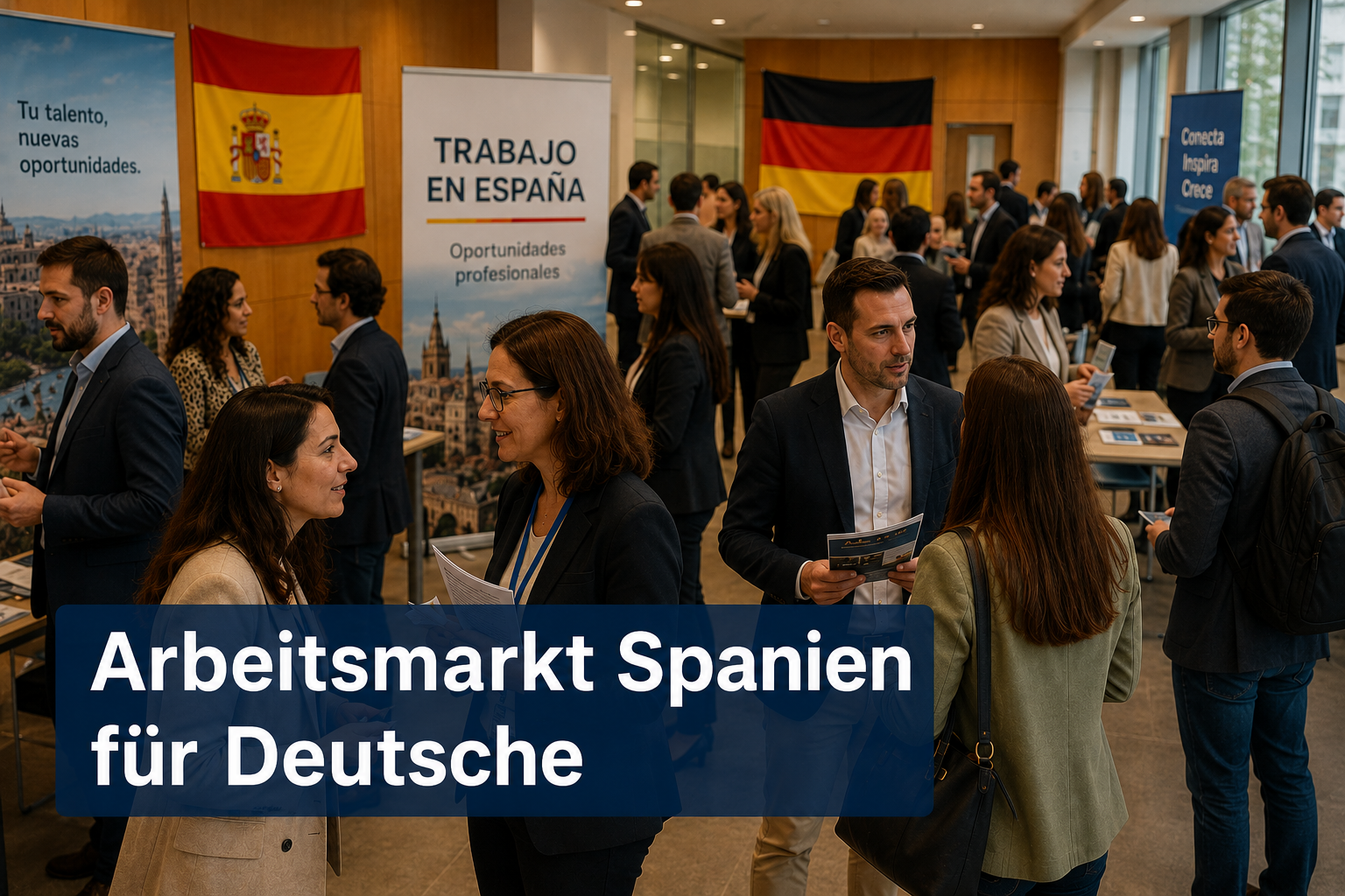 () showing a busy Spanish job fair or oficina de empleo with diverse professionals networking, Spanish and German flags