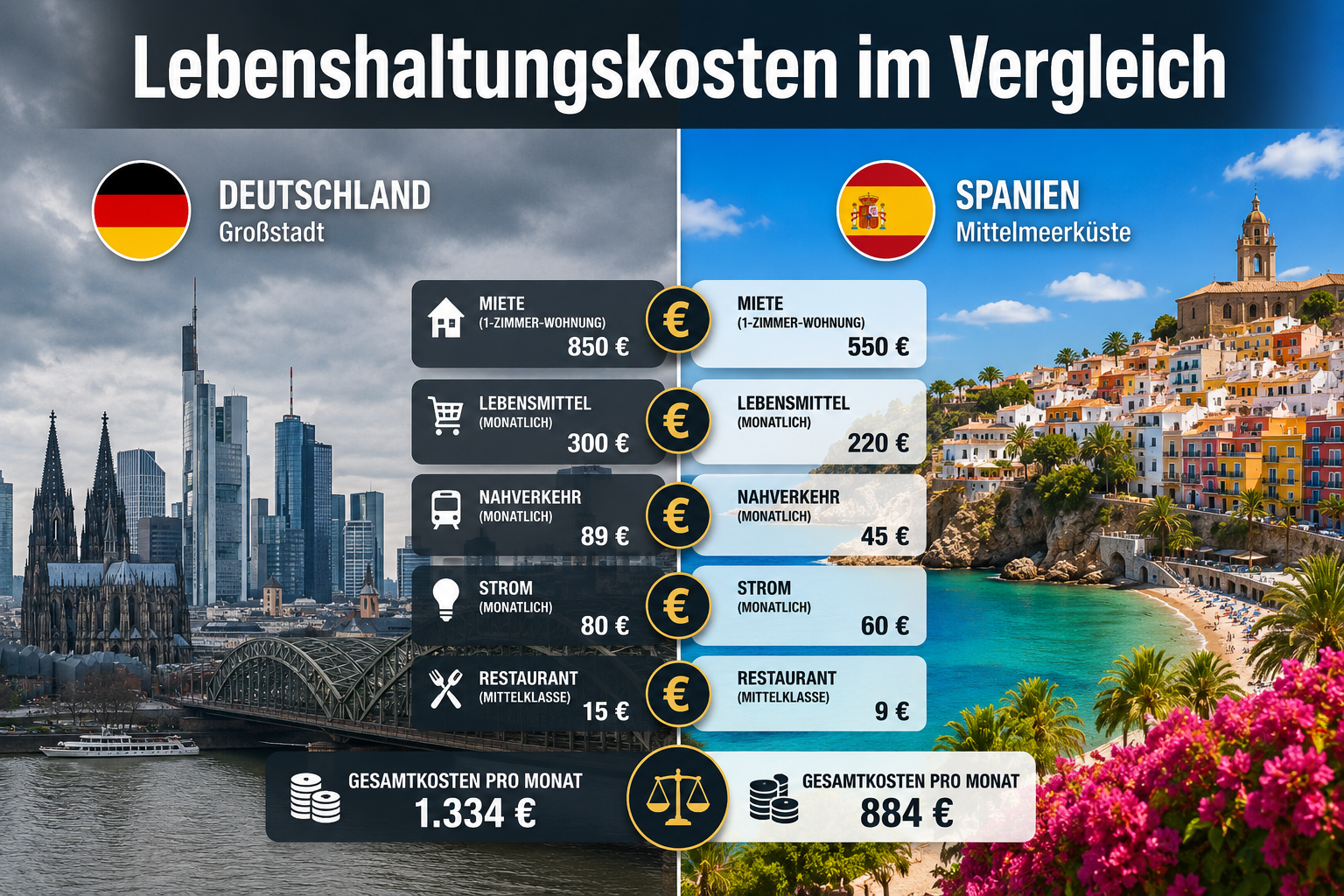 () split-composition image: left side shows German city skyline (grey, overcast), right side shows sunny Spanish