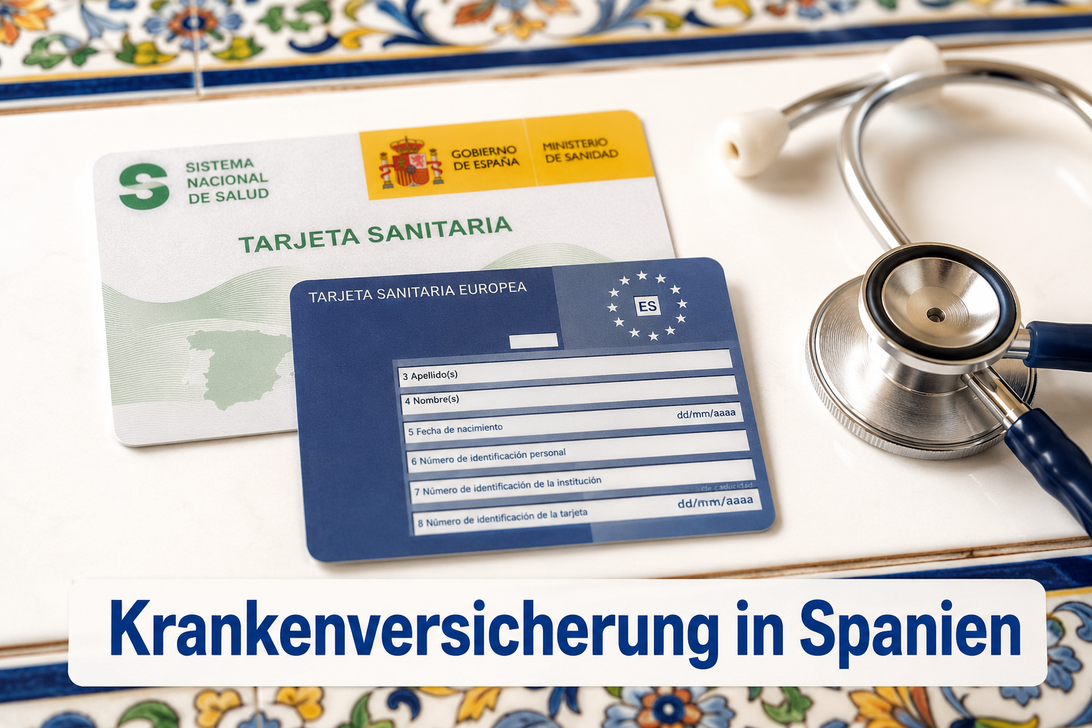() close-up editorial photo of Spanish health insurance card, stethoscope, and European Health Insurance Card (EHIC) on a