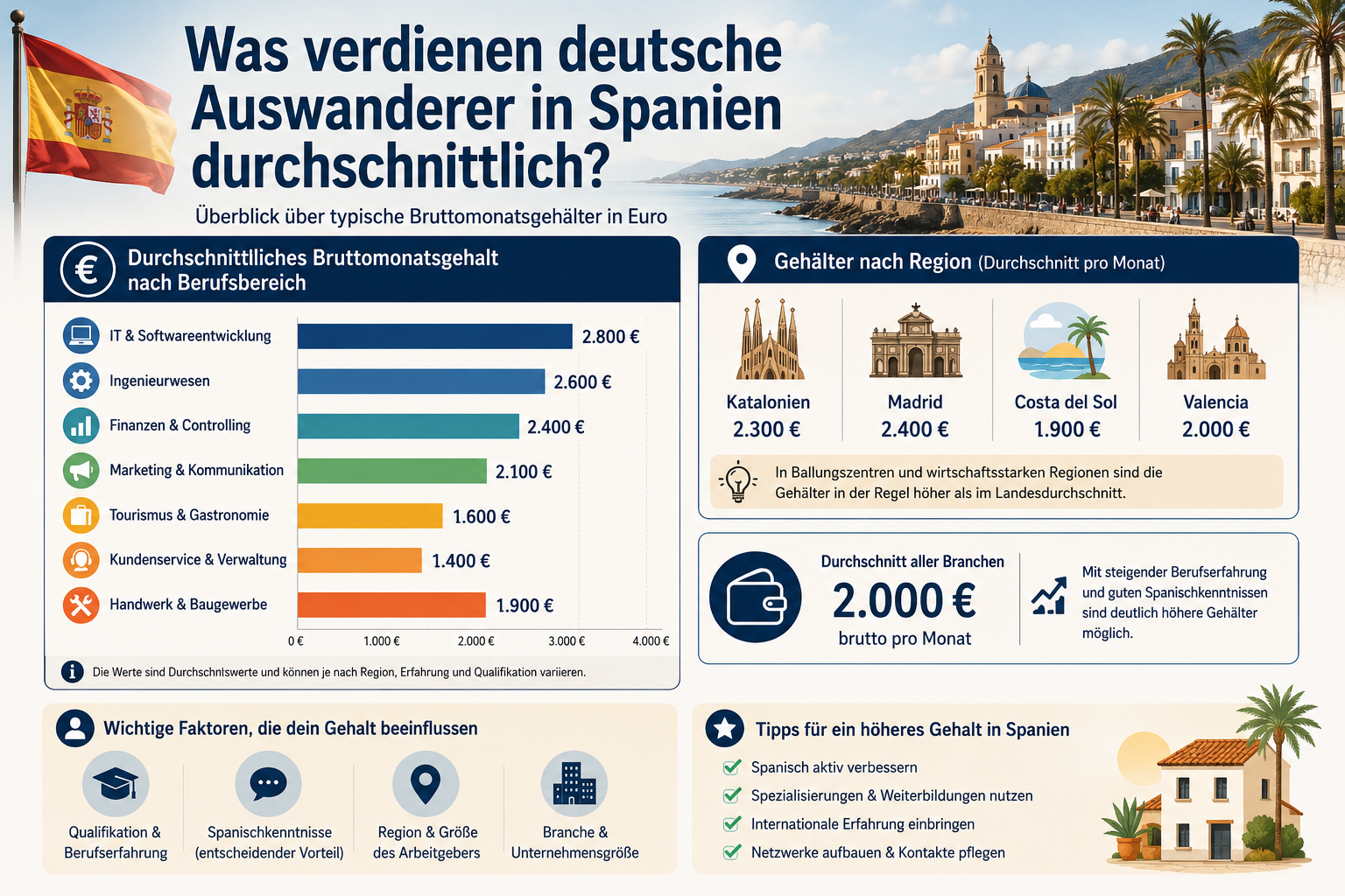 Professional infographic for article "Spanien Auswandern Jobs: Was Deutsche wirklich wissen müssen", section: "Was verdienen